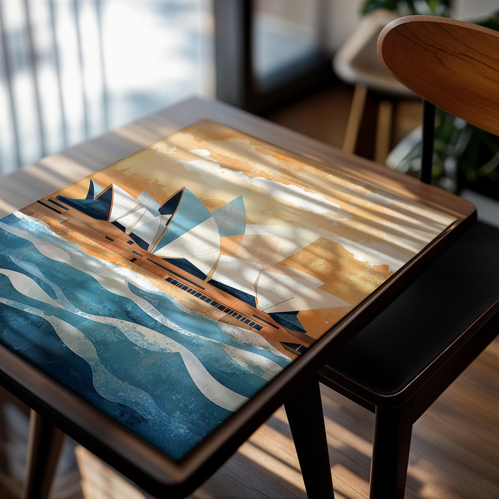 Artistic depiction of the Sydney Opera House with stylized water and sky, as a premium aluminum metal print from GoMetalPrint.
