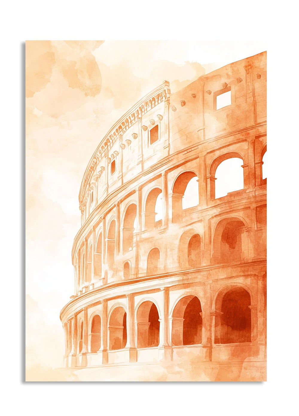 Illustration of the Colosseum in Rome with a warm color palette on a white background, as a premium aluminum metal print from GoMetalPrint.
