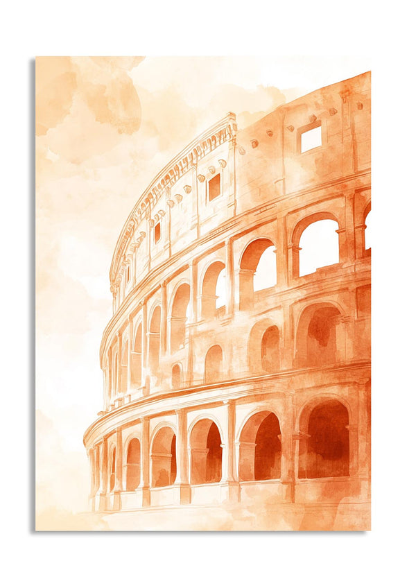 Illustration of the Colosseum in Rome with a warm color palette on a white background, as a premium aluminum metal print from GoMetalPrint.
