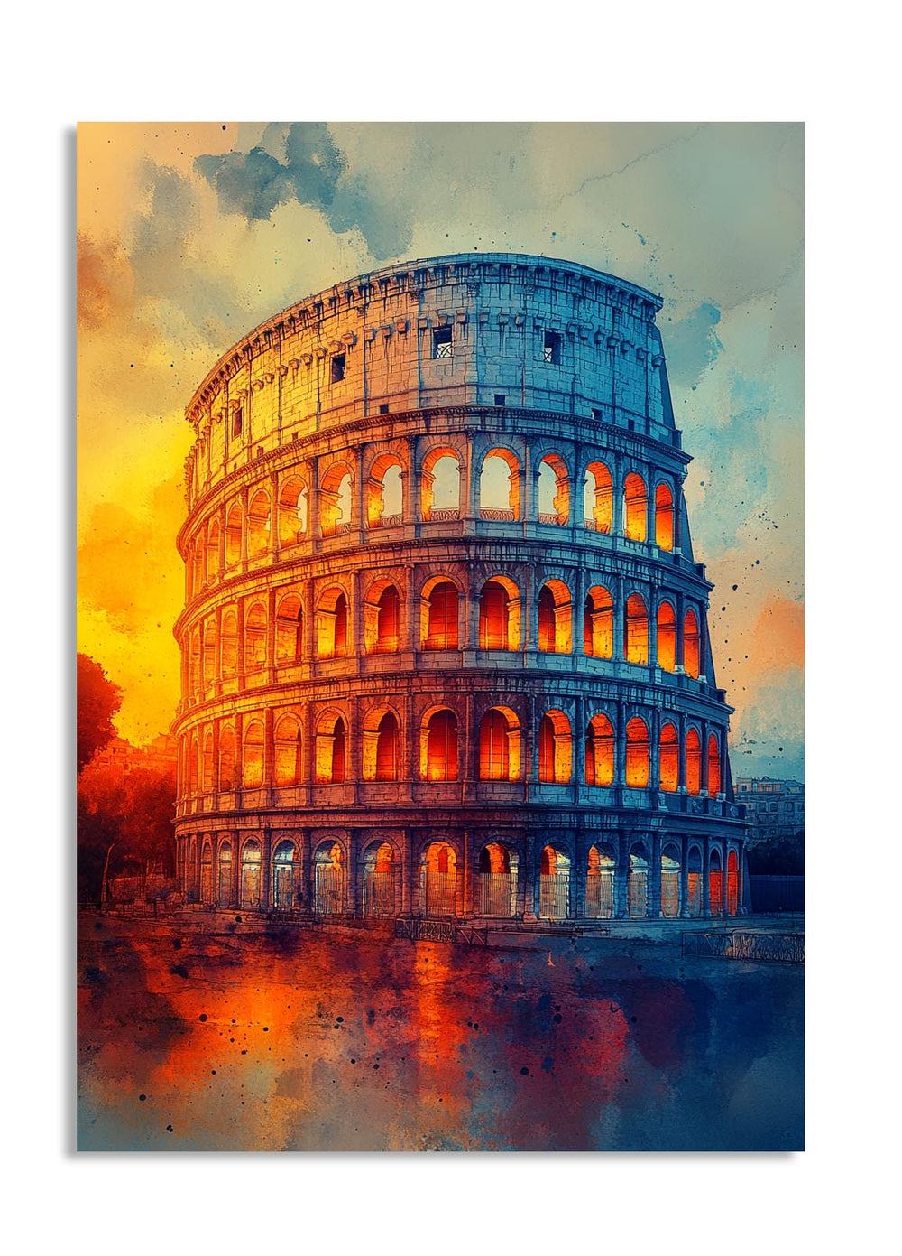 Colorful artistic depiction of the Colosseum with warm and cool tones, as a premium aluminum metal print from GoMetalPrint.
