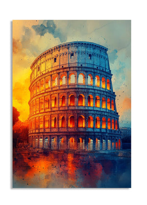 Colorful artistic depiction of the Colosseum with warm and cool tones, as a premium aluminum metal print from GoMetalPrint.
