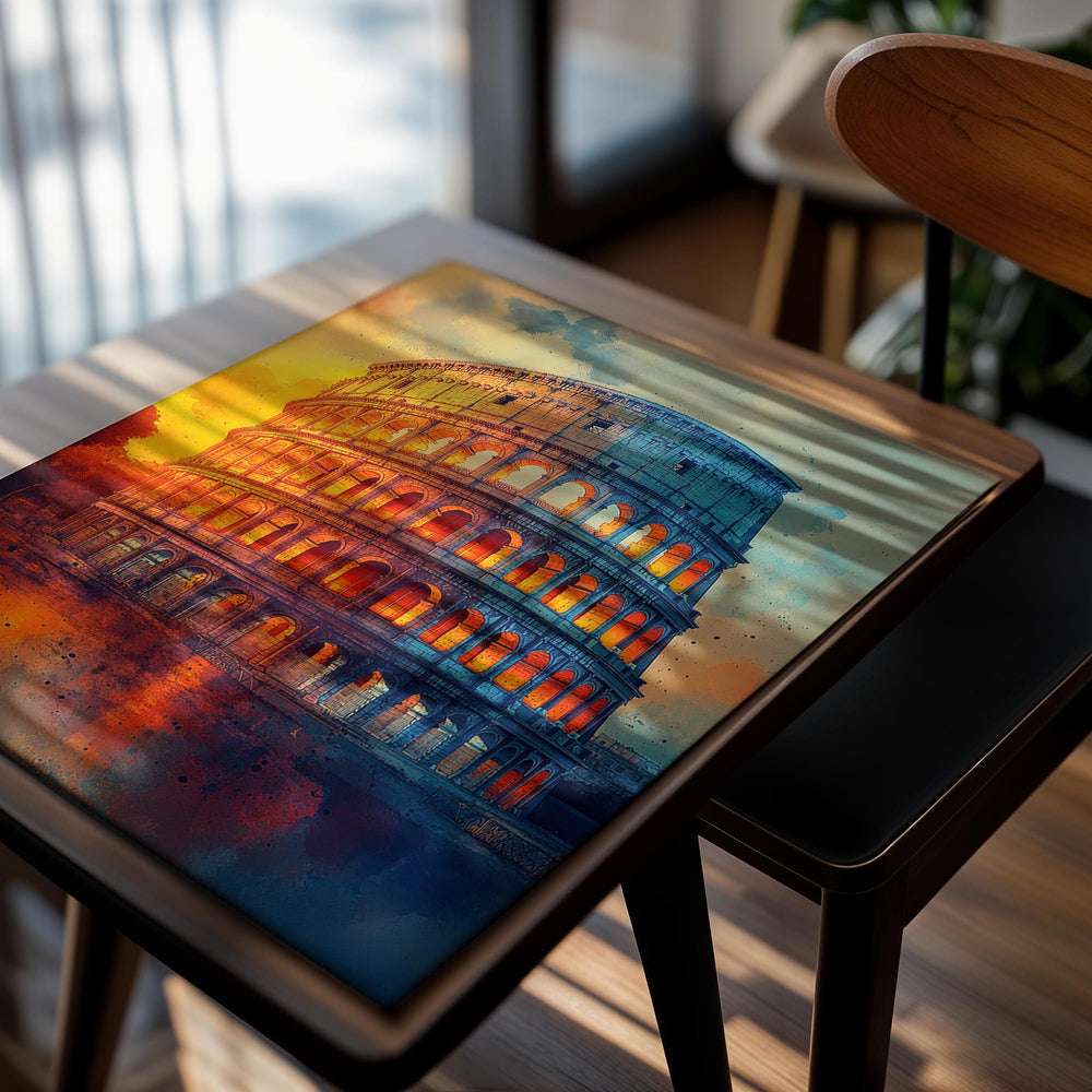 Colorful artistic depiction of the Colosseum with warm and cool tones, as a premium aluminum metal print from GoMetalPrint.
