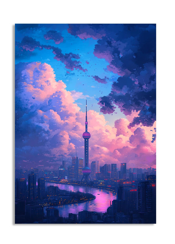 City skyline with a prominent tower under a dramatic sky with pink and purple clouds, as a premium aluminum metal print from GoMetalPrint.
