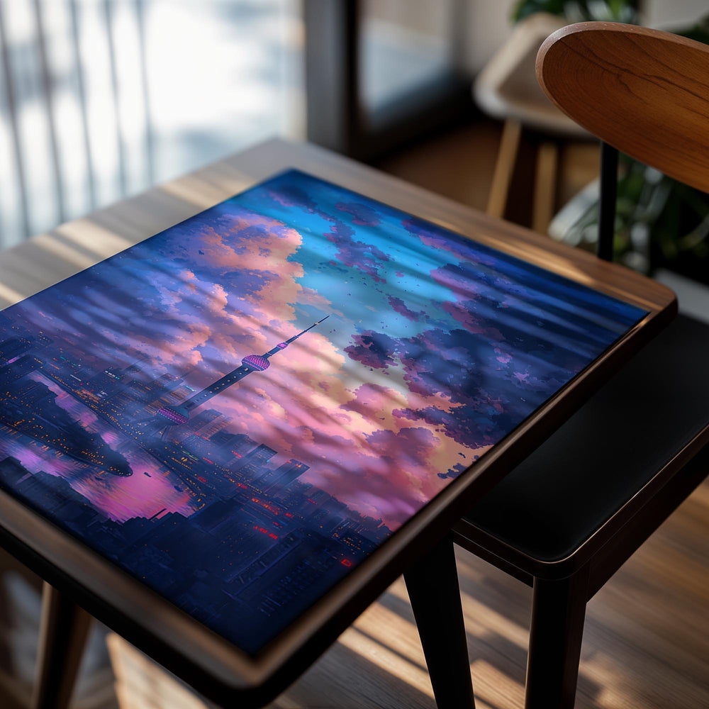 City skyline with a prominent tower under a dramatic sky with pink and purple clouds, as a premium aluminum metal print from GoMetalPrint.
