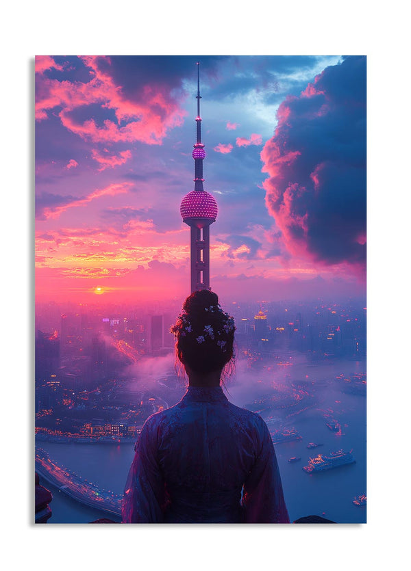 Person admiring the Oriental Pearl Tower at sunset with a vibrant sky, as a premium aluminum metal print from GoMetalPrint.
