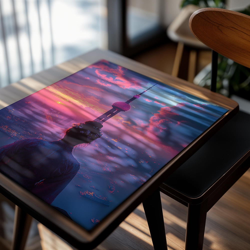 Person admiring the Oriental Pearl Tower at sunset with a vibrant sky, as a premium aluminum metal print from GoMetalPrint.
