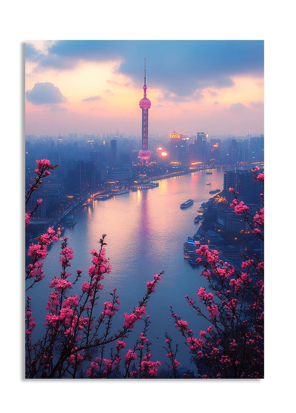 Cityscape with a tall tower and river, featuring pink blossoms in the foreground, as a premium aluminum metal print from GoMetalPrint.
