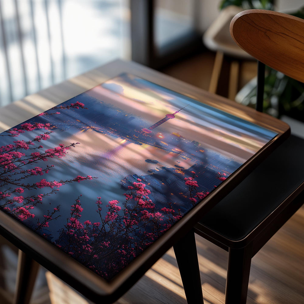 Cityscape with a tall tower and river, featuring pink blossoms in the foreground, as a premium aluminum metal print from GoMetalPrint.
