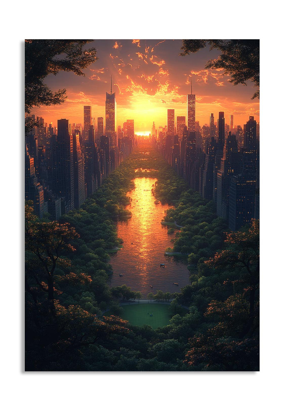 City skyline with skyscrapers and a river at sunset, as a premium aluminum metal print from GoMetalPrint.
