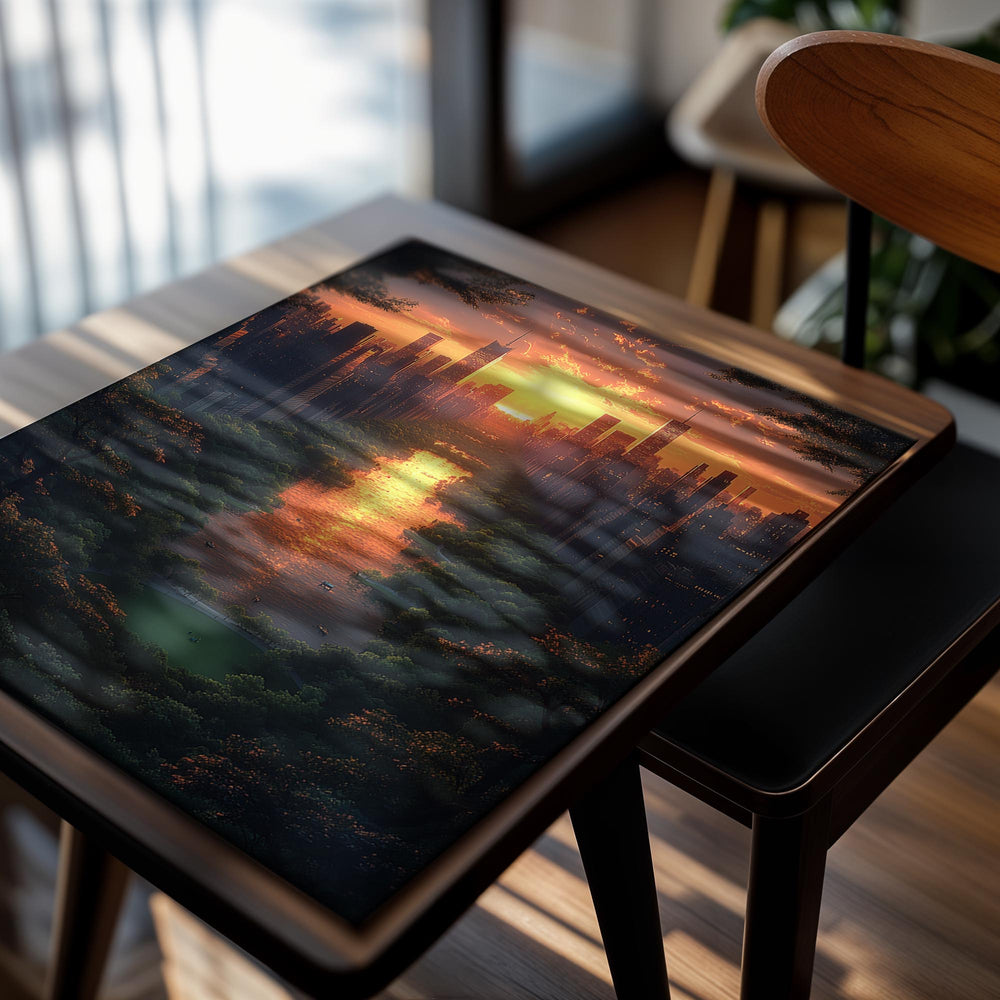 City skyline with skyscrapers and a river at sunset, as a premium aluminum metal print from GoMetalPrint.
