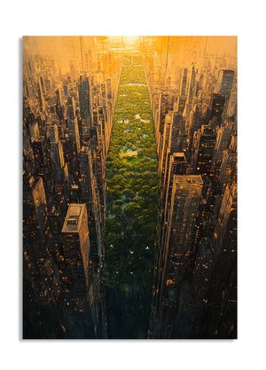 Artistic depiction of a cityscape with a central green space, possibly a park, surrounded by tall buildings, as a premium aluminum metal print from GoMetalPrint.
