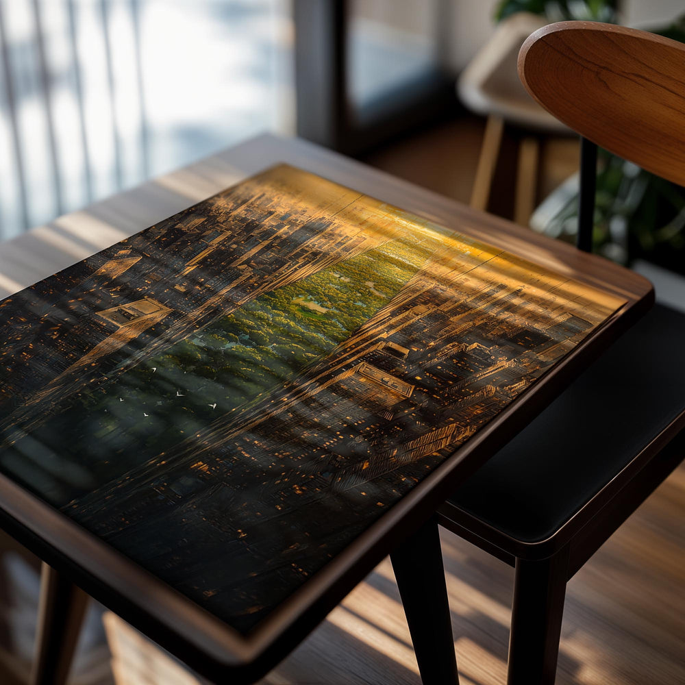 Artistic depiction of a cityscape with a central green space, possibly a park, surrounded by tall buildings, as a premium aluminum metal print from GoMetalPrint.
