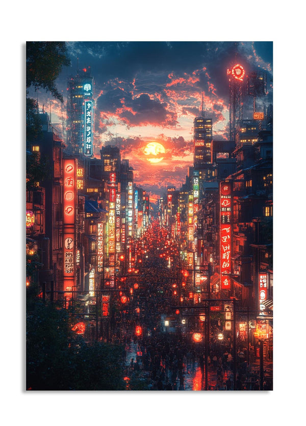 Futuristic cityscape with neon lights and a sunset sky, as a premium aluminum metal print from GoMetalPrint.
