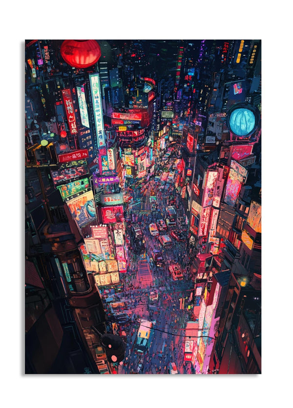  vibrant cityscape at night with colorful neon lights, as a premium aluminum metal print from GoMetalPrint.
