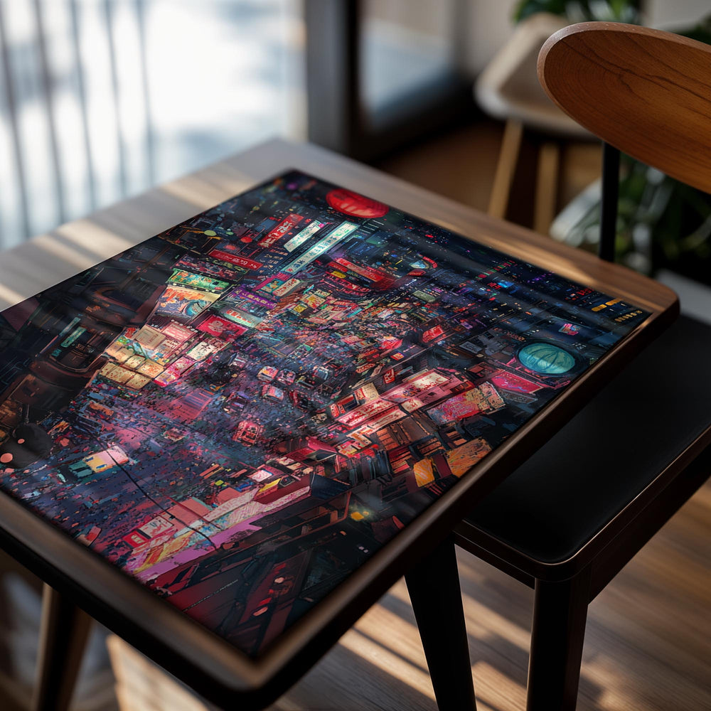  vibrant cityscape at night with colorful neon lights, as a premium aluminum metal print from GoMetalPrint.
