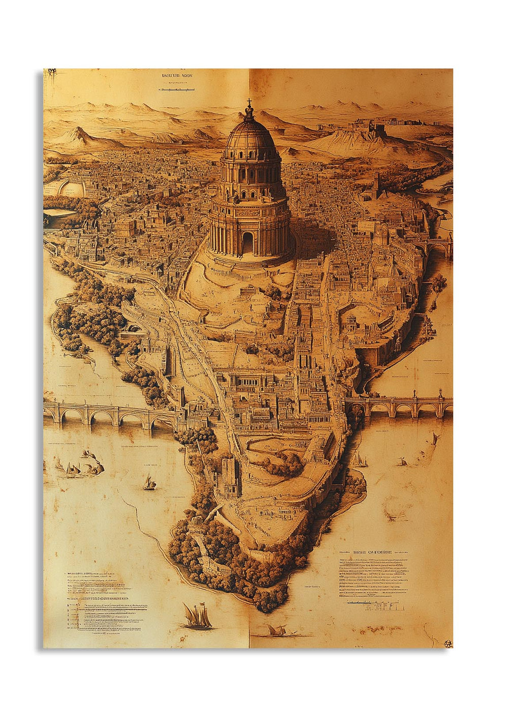 Vintage-style map or illustration of a city with a prominent building, possibly a cathedral, on a white background, as a premium aluminum metal print from GoMetalPrint.
