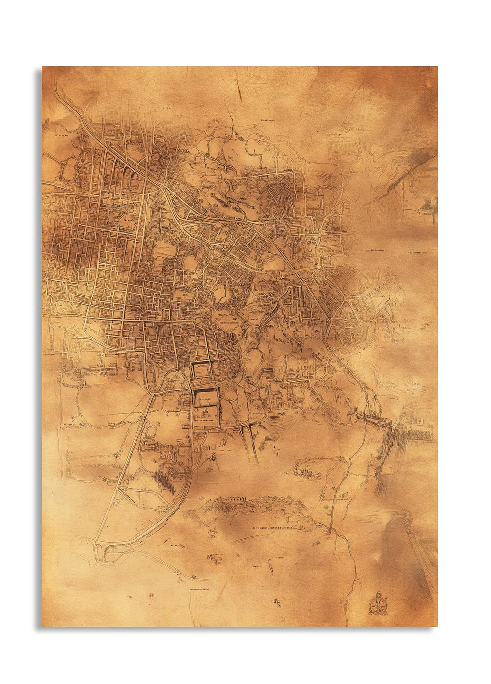 Vintage-style city map on a textured brown background, as a premium aluminum metal print from GoMetalPrint.
