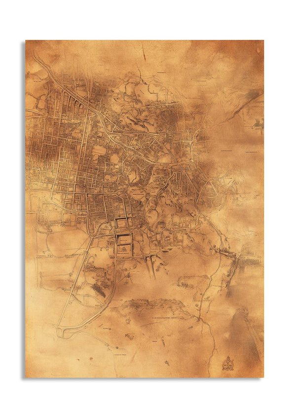 Vintage-style city map on a textured brown background, as a premium aluminum metal print from GoMetalPrint.

