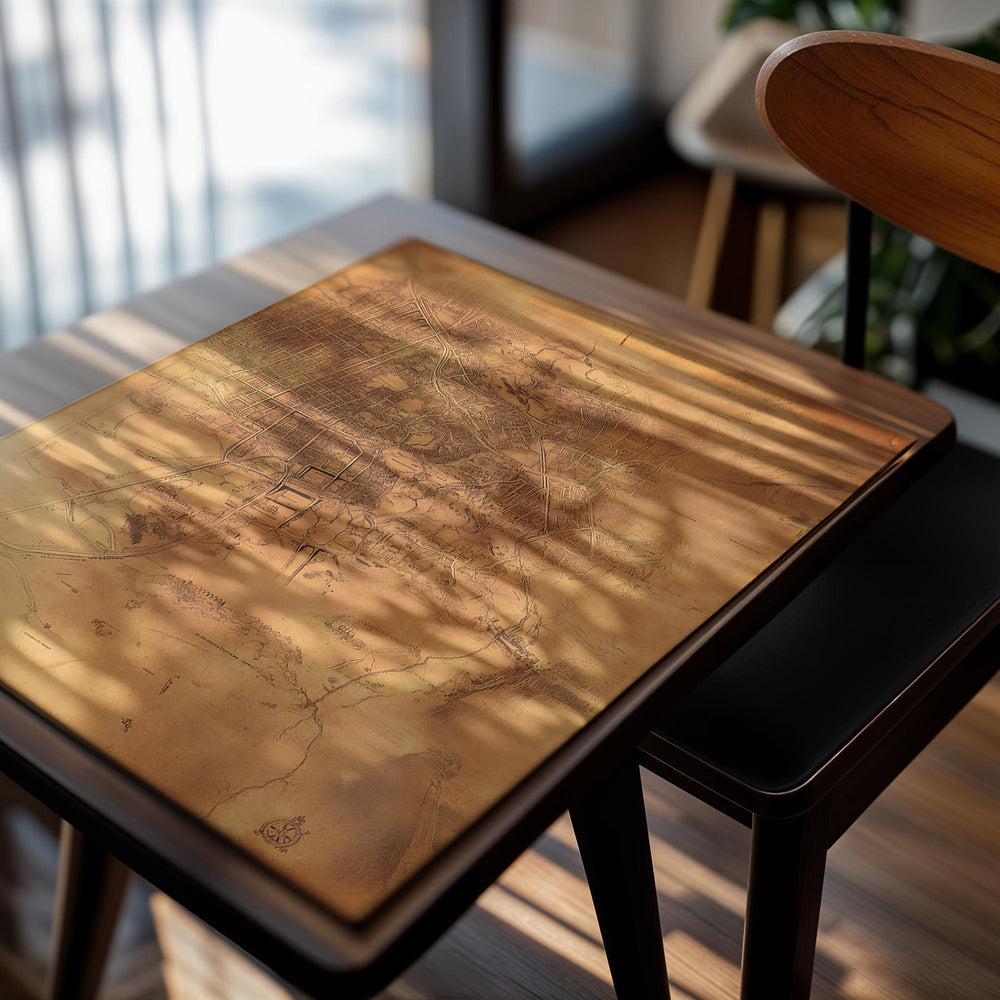 Vintage-style city map on a textured brown background, as a premium aluminum metal print from GoMetalPrint.
