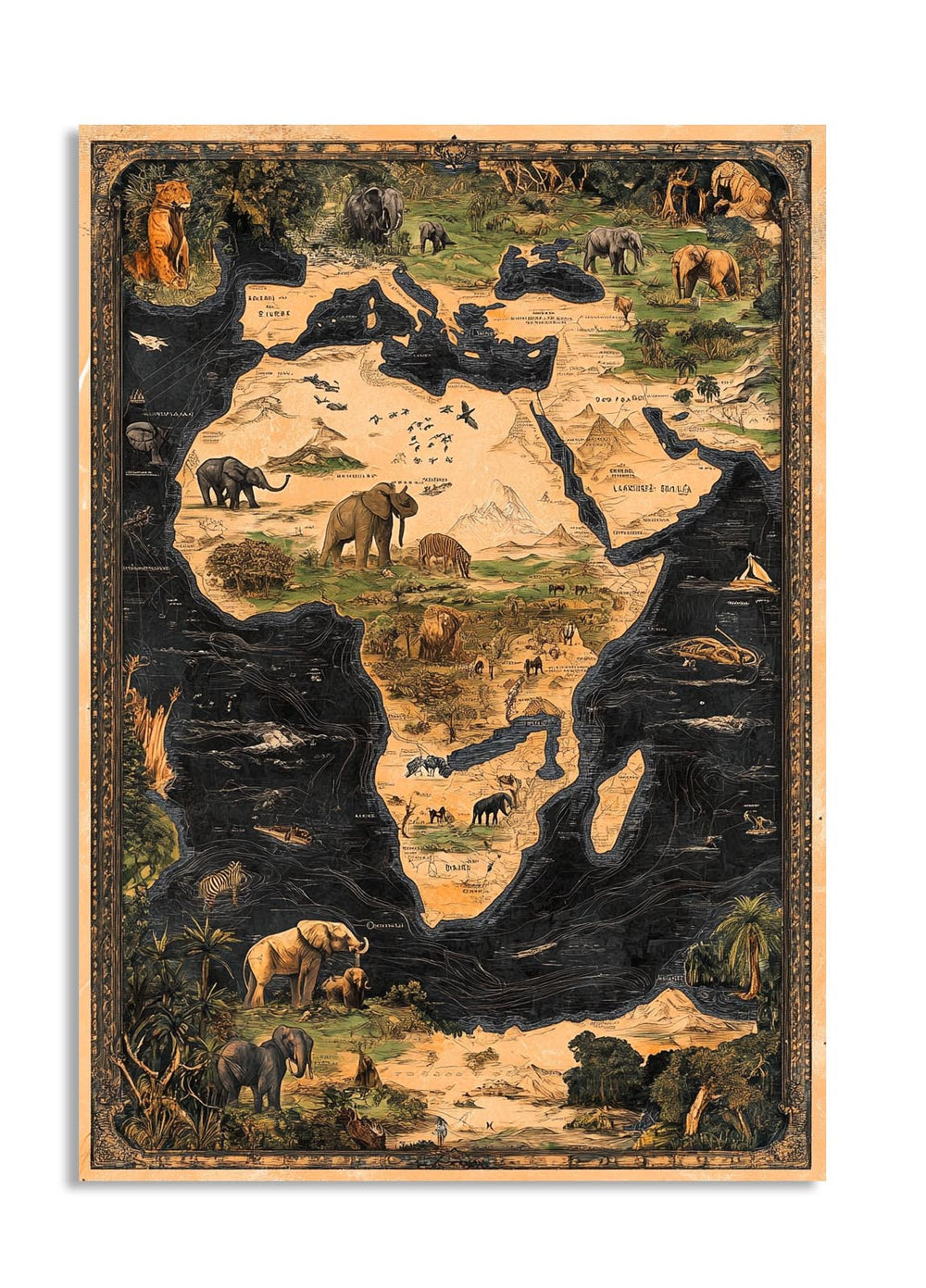 Map of Africa with illustrations of animals on a white background, as a premium aluminum metal print from GoMetalPrint.
