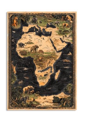 Map of Africa with illustrations of animals on a white background, as a premium aluminum metal print from GoMetalPrint.
