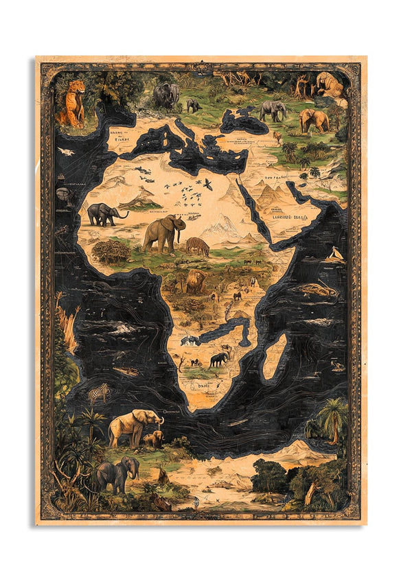 Map of Africa with illustrations of animals on a white background, as a premium aluminum metal print from GoMetalPrint.
