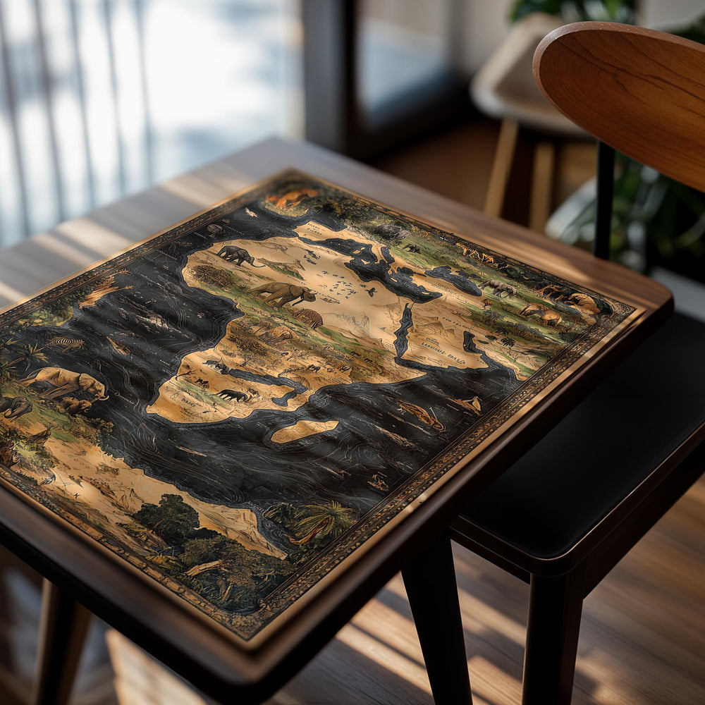 Map of Africa with illustrations of animals on a white background, as a premium aluminum metal print from GoMetalPrint.
