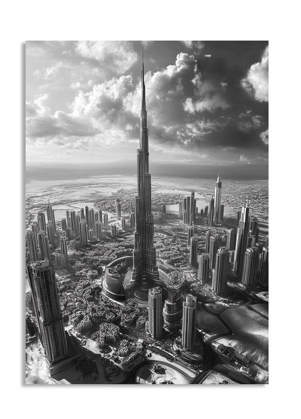 Black and white cityscape with a tall tower against a cloudy sky, as a premium aluminum metal print from GoMetalPrint.
