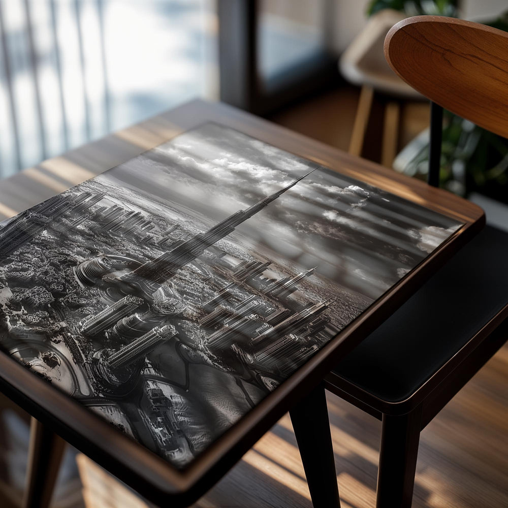Black and white cityscape with a tall tower against a cloudy sky, as a premium aluminum metal print from GoMetalPrint.

