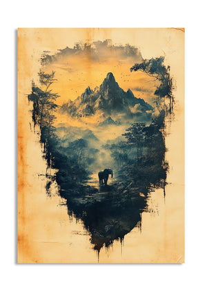 Artistic depiction of a mountain landscape with a bear, on a textured beige background, as a premium aluminum metal print from GoMetalPrint.
