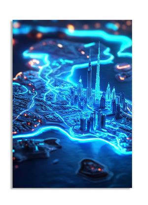 Neon cityscape with futuristic architecture and glowing blue lines, as a premium aluminum metal print from GoMetalPrint.
