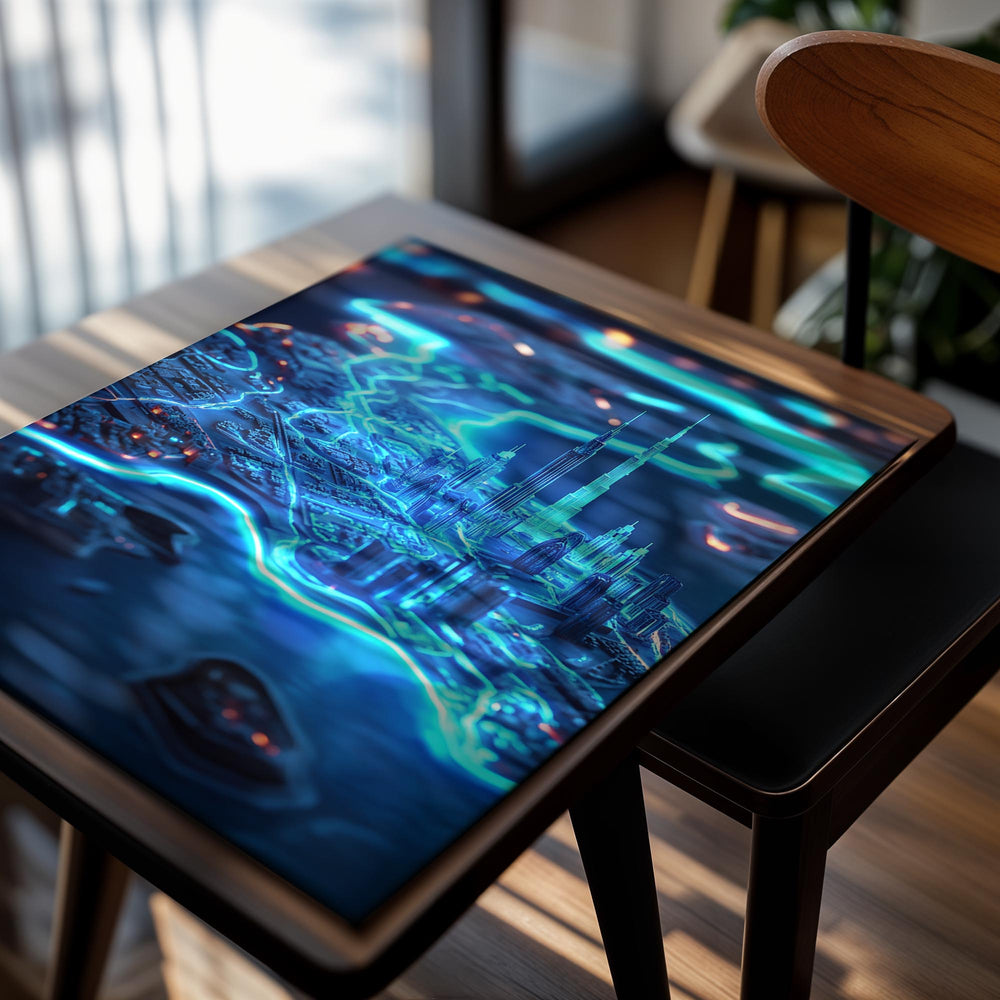 Neon cityscape with futuristic architecture and glowing blue lines, as a premium aluminum metal print from GoMetalPrint.
