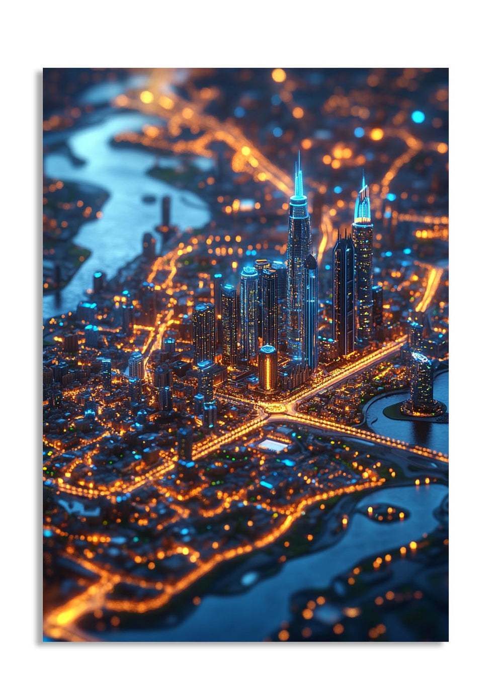 Aerial view of a city at night with illuminated buildings and roads, as a premium aluminum metal print from GoMetalPrint.
