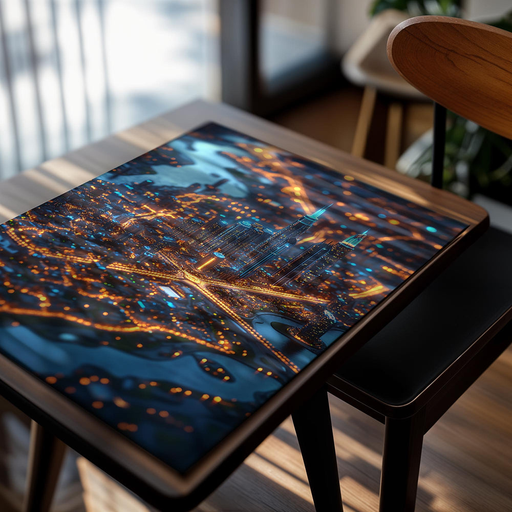 Aerial view of a city at night with illuminated buildings and roads, as a premium aluminum metal print from GoMetalPrint.
