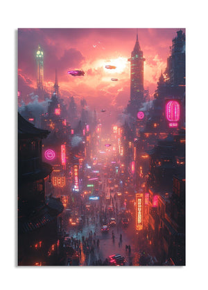 Neon-lit cityscape with futuristic elements and flying vehicles, as a premium aluminum metal print from GoMetalPrint.
