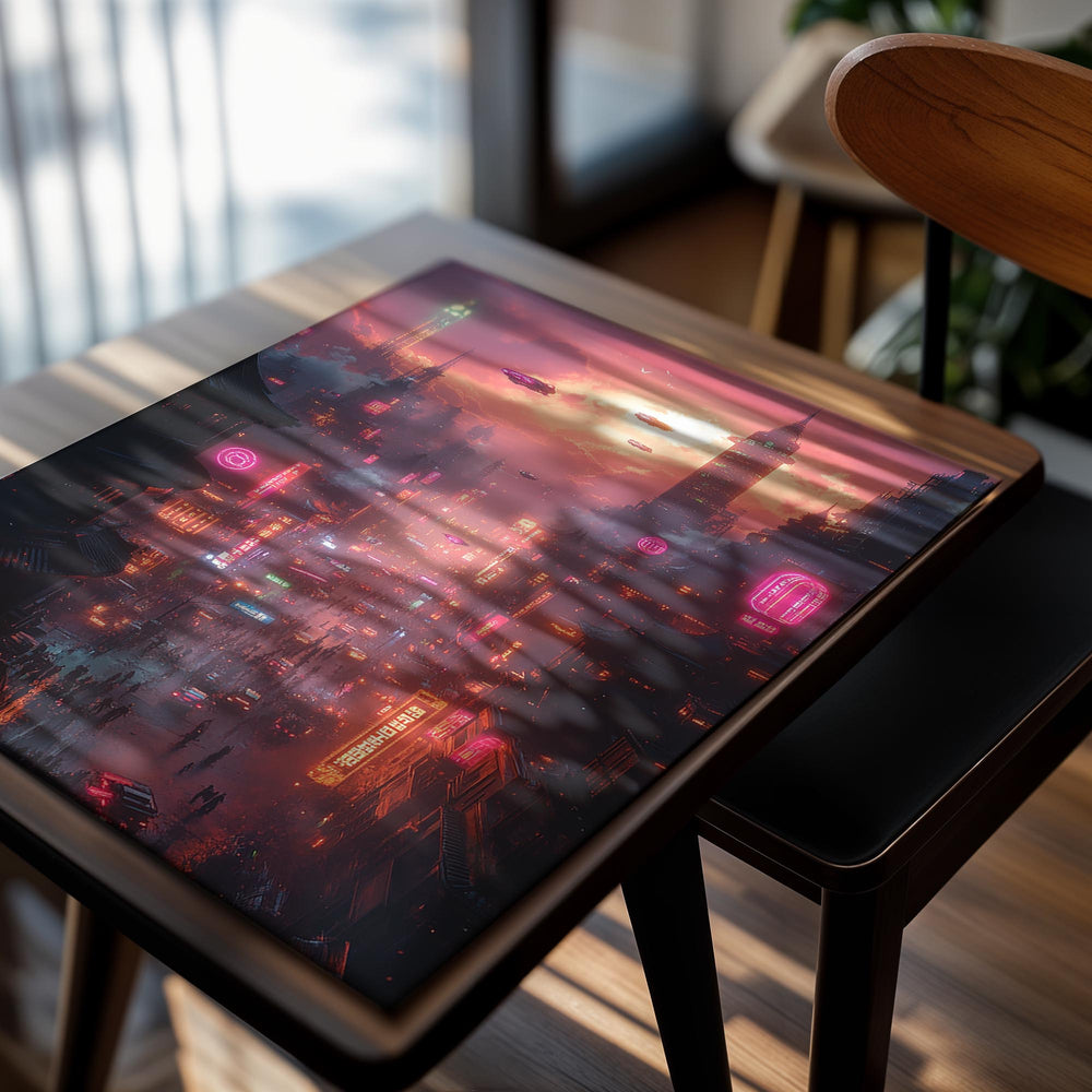 Neon-lit cityscape with futuristic elements and flying vehicles, as a premium aluminum metal print from GoMetalPrint.
