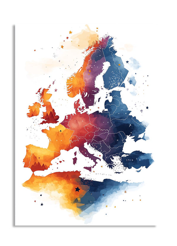 Colorful watercolor map of Europe on a white background, as a premium aluminum metal print from GoMetalPrint.
