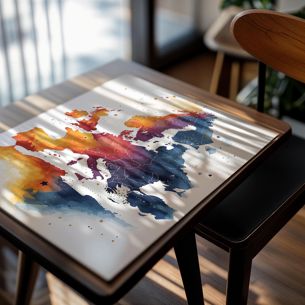 Colorful watercolor map of Europe on a white background, as a premium aluminum metal print from GoMetalPrint.
