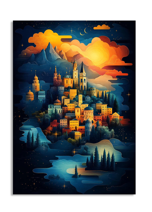 Illustration of a town at night with colorful skies and mountains, as a premium aluminum metal print from GoMetalPrint.
