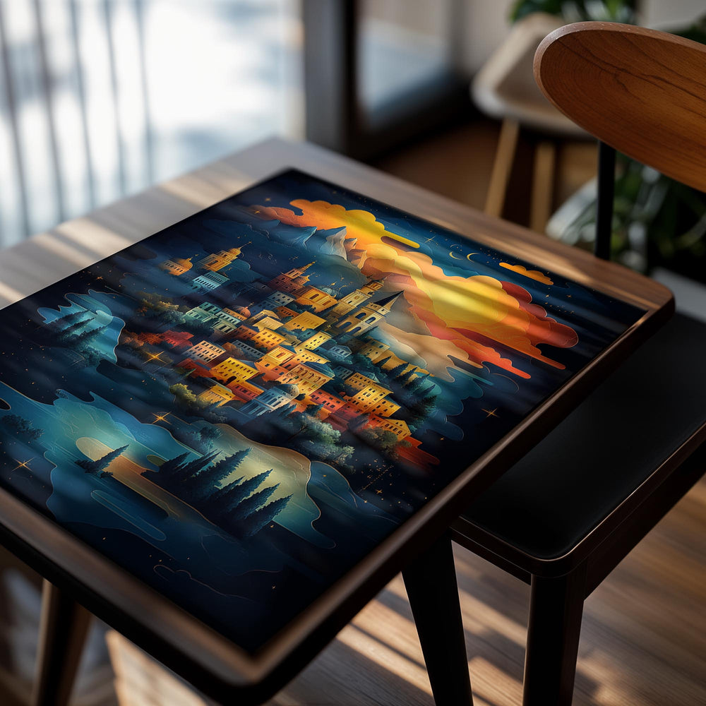 Illustration of a town at night with colorful skies and mountains, as a premium aluminum metal print from GoMetalPrint.
