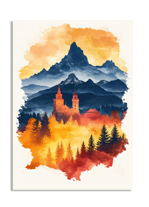 Colorful mountain and castle illustration with watercolor effect, as a premium aluminum metal print from GoMetalPrint.
