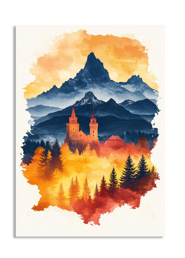 Colorful mountain and castle illustration with watercolor effect, as a premium aluminum metal print from GoMetalPrint.
