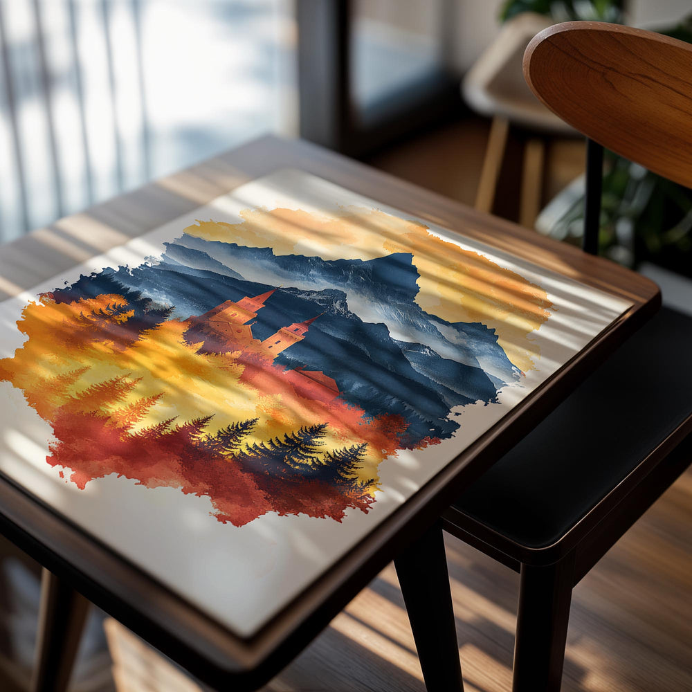 Colorful mountain and castle illustration with watercolor effect, as a premium aluminum metal print from GoMetalPrint.
