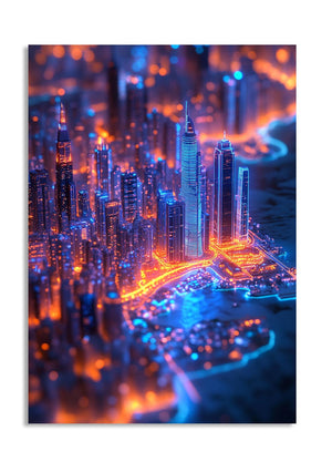 Neon-lit cityscape with tall buildings at night, as a premium aluminum metal print from GoMetalPrint.
