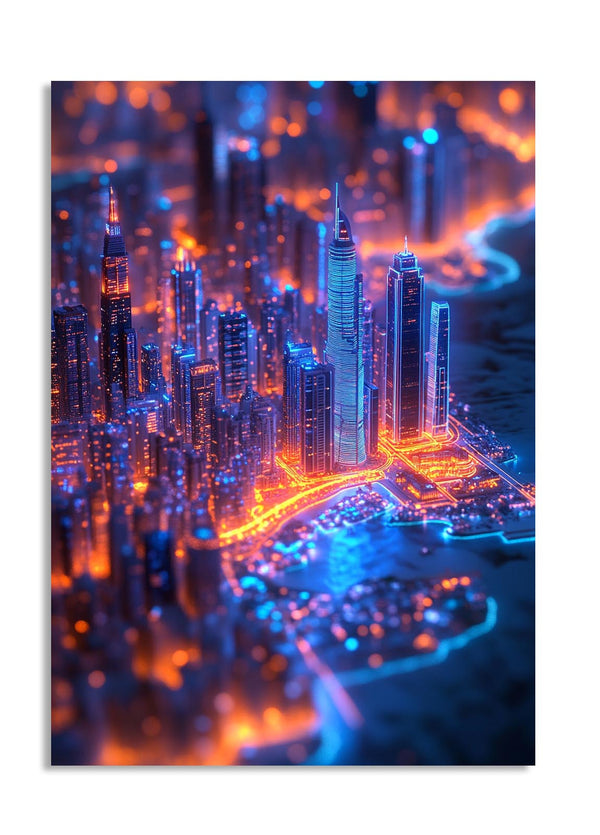 Neon-lit cityscape with tall buildings at night, as a premium aluminum metal print from GoMetalPrint.

