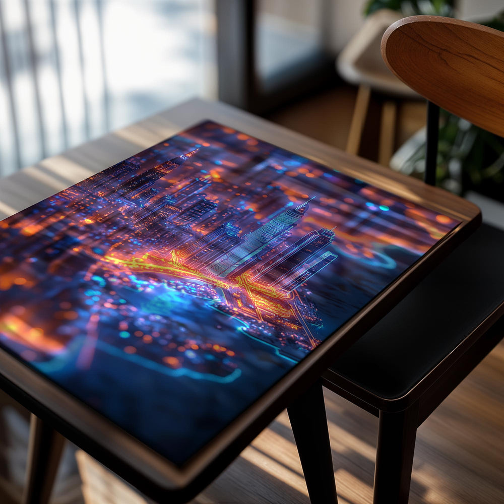 Neon-lit cityscape with tall buildings at night, as a premium aluminum metal print from GoMetalPrint.
