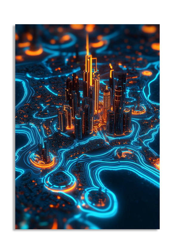Neon cityscape with futuristic architecture on a dark background, as a premium aluminum metal print from GoMetalPrint.
