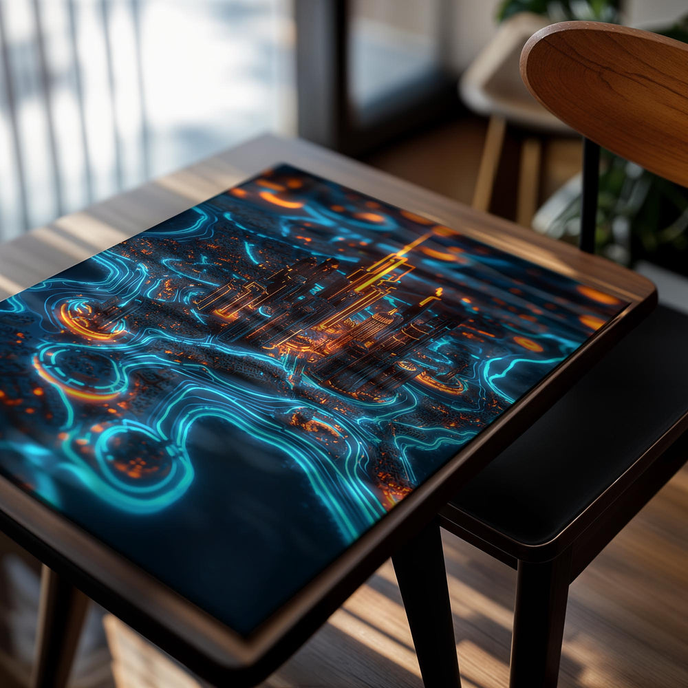 Neon cityscape with futuristic architecture on a dark background, as a premium aluminum metal print from GoMetalPrint.
