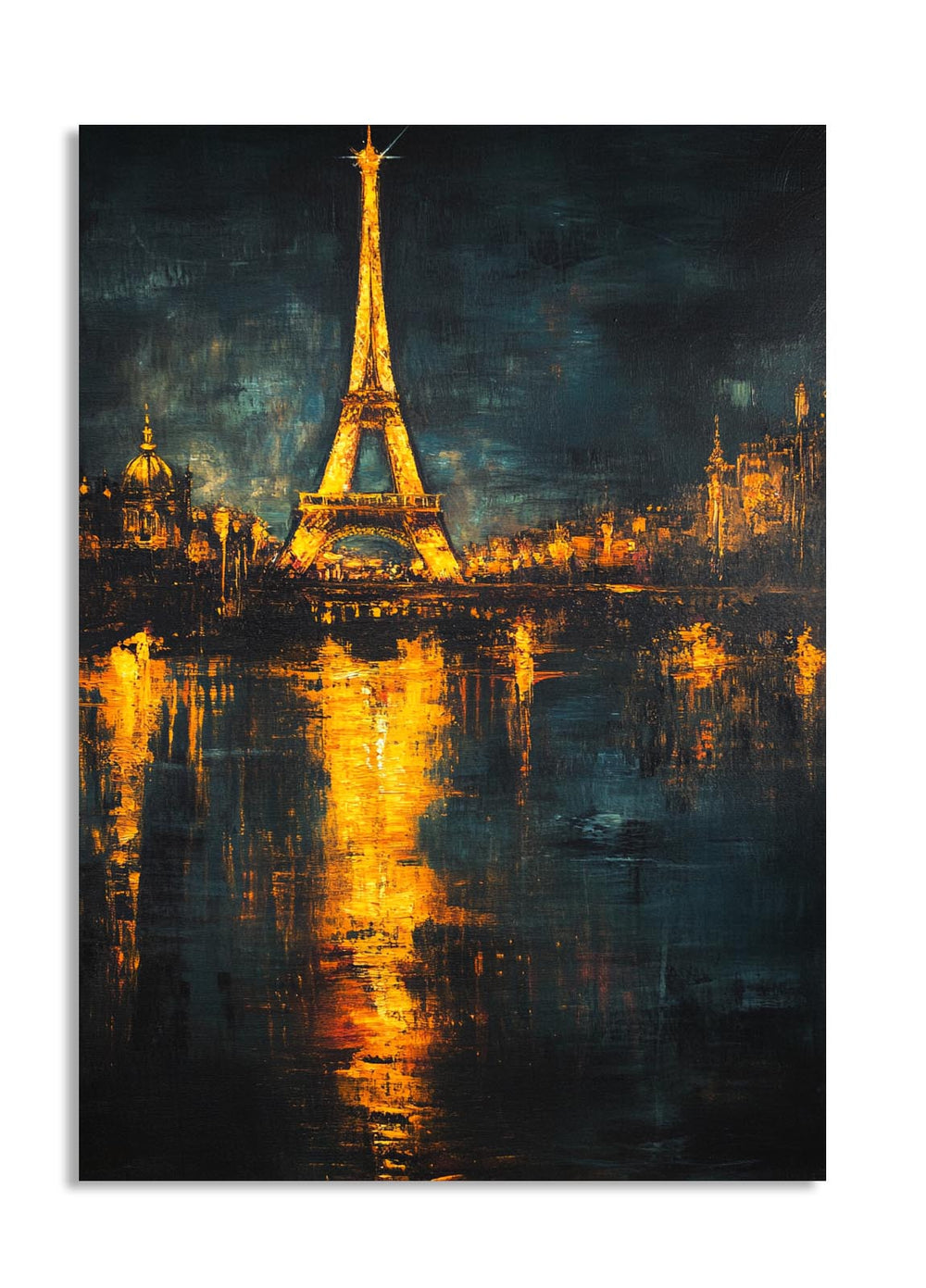 Painting of the Eiffel Tower at night with reflections in water, as a premium aluminum metal print from GoMetalPrint.
