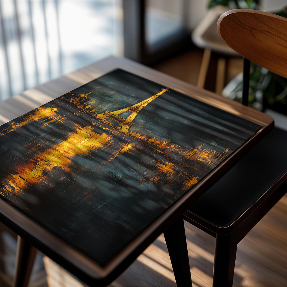 Painting of the Eiffel Tower at night with reflections in water, as a premium aluminum metal print from GoMetalPrint.
